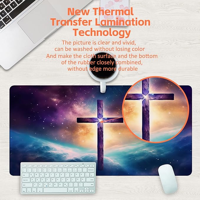 Large Gaming Mouse Pad, Jesus Cross Abstract Galaxy Cosmic Desk Pad, 31.5"x15.7" Extended Big Computer Keyboard Mouse Pad with Non-Slip Base and Stitched Edge