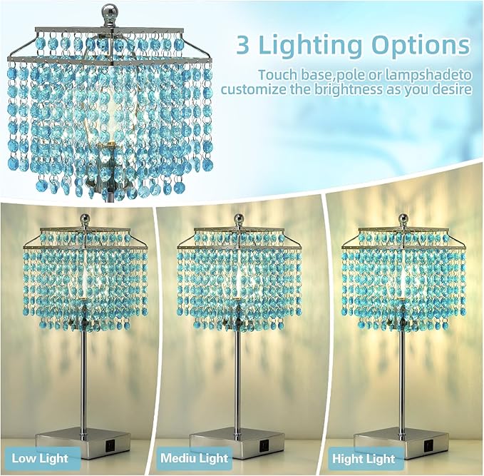 Luvkczc Crystal Table Lamp with Touch Control, Bedside Crystal Table Lamp with USB C+A Ports, Dimmable Lamp for Girls Bedroom, Living Room, Light Blue & B11 LED Bulb Included