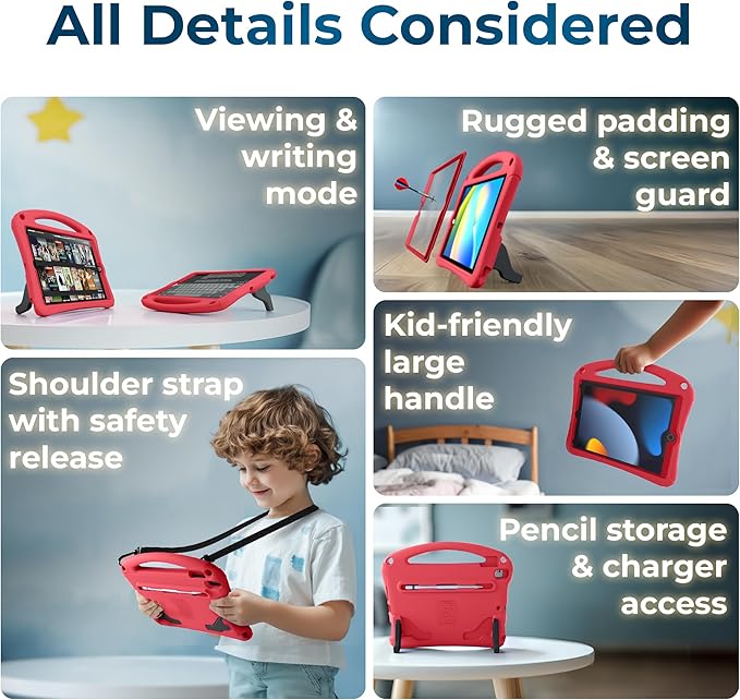 Bam Bino Space Suit iPad 9th Generation Case Kids, iPad 8th/7th/10.2 inch iPad Case for Kids | Lightweight Cover with Screen Protector, Handle, Stand, Shoulder Strap, Pencil Holder (Nebula Violet)