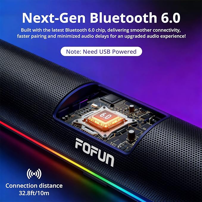 Computer Sound Bar with Detachable ENC Microphone, Enhanced Bass Gaming Soundbar, Bluetooth 6.0, USB-A Plug and Play, PC and Bluetooth Mode, 3EQ, 10 RGB Speaker for Gaming, Music,Meeting
