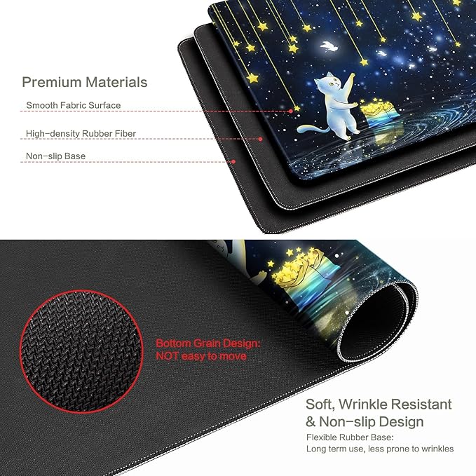 Cat Mouse Pad Desk Mat, Picking Star Cats Gaming Mouse Pad Blue Starry Sky Desk Pad Mousepad XXL Extended Keyboard Mat Mouse Mats, Waterproof, Computer Accessories, Gaming Room Decor, Magic Gift
