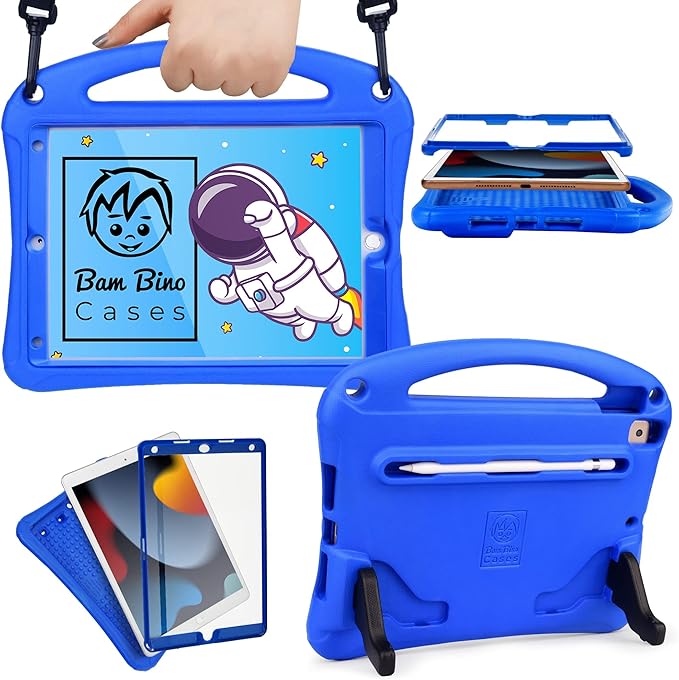 Bam Bino Space Suit iPad 9th Generation Case Kids, iPad 8th/7th/10.2 inch iPad Case for Kids | Lightweight Cover with Screen Protector, Handle, Stand, Shoulder Strap, Pencil Holder (Galactic Blue)