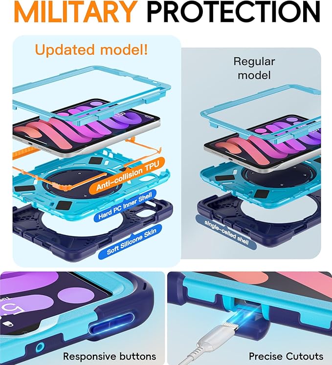 BATYUE Case for iPad mini 7 (A17 Pro) 2024/ iPad mini 6 (A15 Bionic) 2021 8.3 inch, Shockproof Case for iPad mini 7th/6th Gen with Pencil Holder/ 360° Swivel Stand/Shoulder Strap - Navy Blue