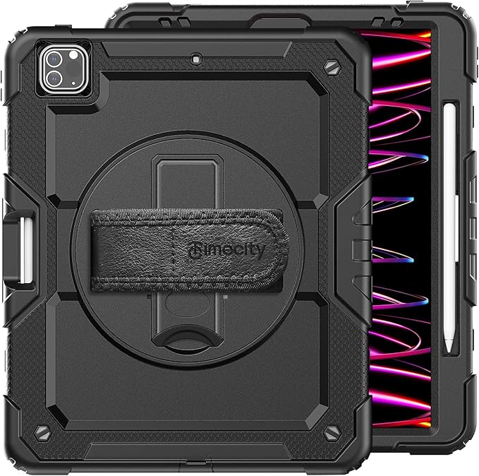 Timecity Protective Case for iPad Pro 12.9 inch 6th/ 5th/ 4th/ 3rd Generation, with Strong Protection, Screen Protector, Hand/Shoulder Strap, Rotating Stand, Pencil Holder - Black