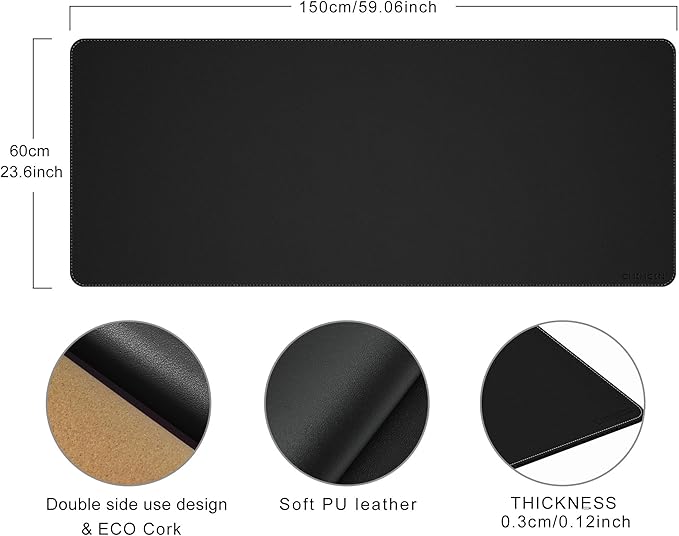 Chihein 59” x 24” Cork & PU Leather Desk Mat (Black) - Huge Mouse Pad, Double Sided Waterproof Desk Pad Protector for Gaming, Office, Home