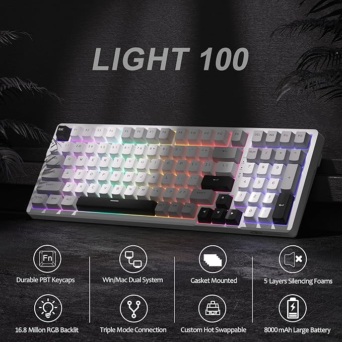 MageGee LIGHT100 Wireless Creamy Keyboard, Gasket Structure Hot Swappable, Tri-Mode 2.4G/USB-C/BT5.0 RGB Backlit Mechanical Gaming Keyboard for Win/Mac/PC, PBT Keycap, 4000mAh Battery, Grey