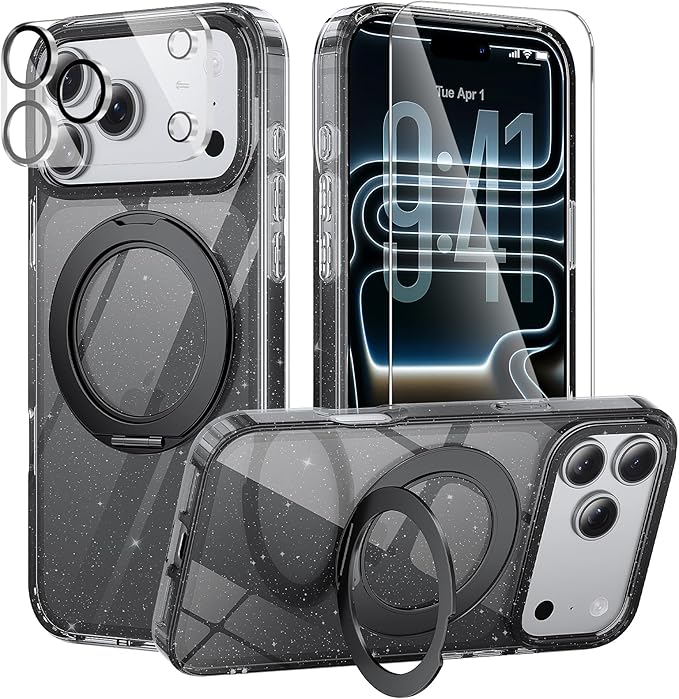 360°Ring Stand for iPhone 17 Pro Max Case with 1X Screen Protector +1X Camera Cover,Fit for MagSafe, Anti-Yellowing & Scratch-Resistant Back Phone Case for iPhone 17 Pro Max 6.9", Clear Black Glitter