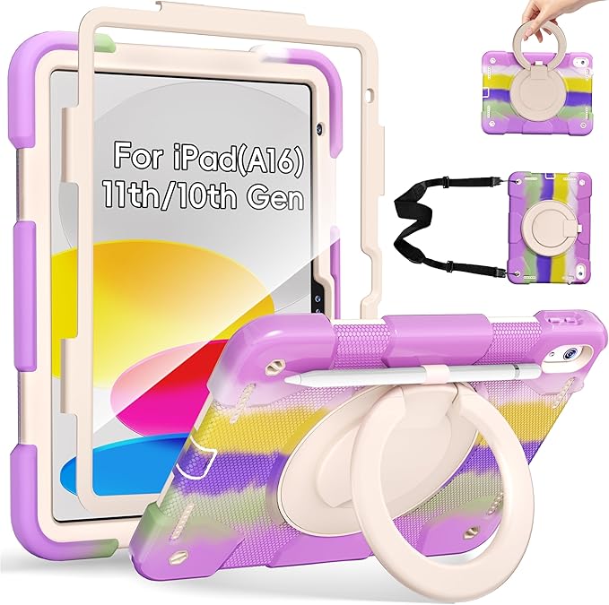 Andnary Case for iPad (A16) 11th Generation 11 inch 2025/10th Generation 10.9 inch 2022, Shockproof Cover with Screen Protector/360° Rotate Handle/Bracket/Pen Holder/Shoulder Strap (Colorful Purple)