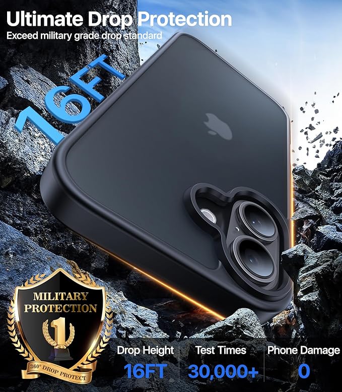 for iPhone 16 Case, [Military-Grade Drop Protection][Anti-Yellowing] Shockproof Protective Translucent Matte Cover for iPhone 16 Phone Case,Titanium Black