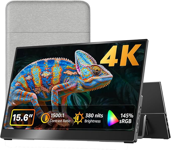 kksmart Portable Monitor 15.6 inch 4K UHD 145% sRGB 60Hz, Travel Monitor for Laptop MacBook Surface PC Xbox PS5, HDMI USB-C VESA Compatible Built-in Speaker