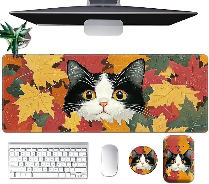 Large Mouse Pad Set, Desk Mat + Elbow Rest Pad + Coaster, Easy Typing Pain Relief, Ergonomic Arm Rest Pad with Memory Foam, Extended Desk Pad Anti-Slip Rubber Base for Office Home, Autumn Cat