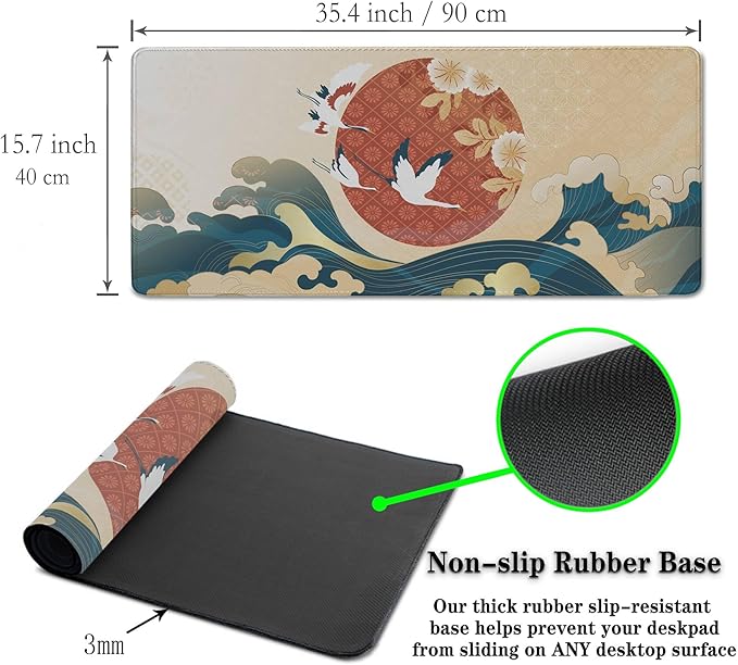 Gaming Mouse Pad Japanese Great Wave Blue Desk Pad, Big Mouse Pads Office Desk Pads, Mouse Mat Non-Slip Rubber Base Waterproof with Stitched Edges, 35.4 X 15.7 inch Oriental Pattern