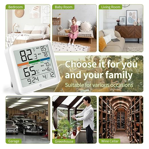 Indoor Thermometer Room Temperature Home Hygrometer Humidity Gauge, Accurate with Calibration, Backlight, Air Comfort Indicator, 24H Max Min Records, Time, Date (AAA Batteries Included)