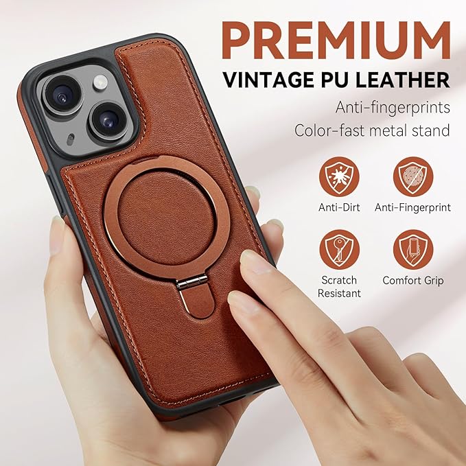 for iPhone 14 Plus Case with Stand Compatible with Magsafe Slim PU Leather & Durable TPU Drop Proof Magnetic Kickstand Protective Cover with Tempered Glass Screen Protector 6.7", Brown