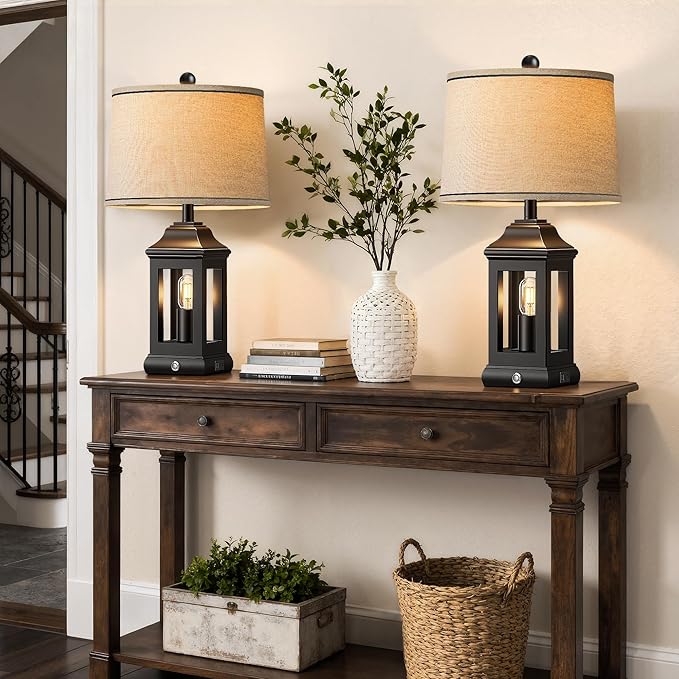 24" Rustic Farmhouse Table Lamps for Living Room, Single Pack Touch Dimmable Nightlight Vintage Bedside Lamps with USB A+C Ports & Dual Light Sources for Bedroom Nightstand End Table, Matte Black