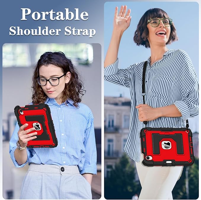 Kids Friendly Case for Apple iPad mini 7 A17 Pro 2024/iPad Mini 6 2021 8.3 Inch 7th/6th Gen Case with Pencil Holder & Shoulder Strap, Shockproof Kickstand Hard Shell Protective Cover,Black+Red