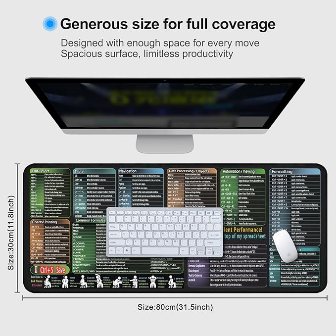 secret corner Mouse Pad with Excel Cheat Sheet Desk Pad, Large Waterproof Non-Slip Desk Mat with Printed Keyboard Shortcuts for Work, Study, Computer, or Gaming(31.5x11.8 in)