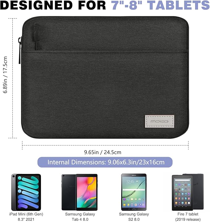 MoKo 7-8 Inch Tablet Sleeve Bag, Carrying Case Fit with New iPad mini (A17 Pro) 8.3" 2024, iPad mini 6 / iPad mini 5 / iPad mini 4 / iPad mini 3 / iPad mini 2, Black & Gray