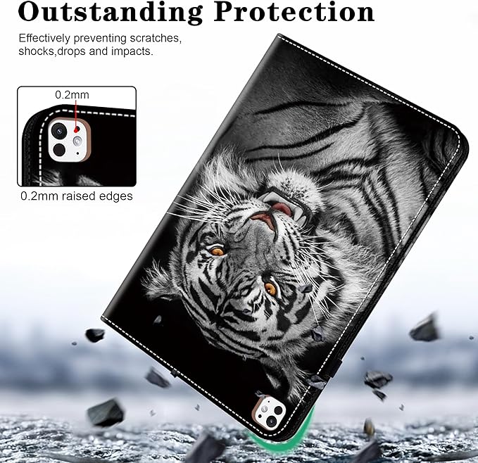 Case for iPad Pro 11 inch Case (M5/M4) 2025/2024, Premium Leather Folio Stand Cover with Auto Wake/Sleep, Pencil Holder and Card Slots - Black Tiger