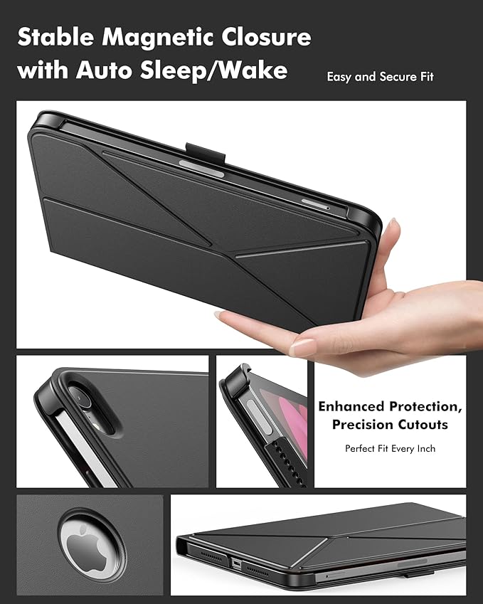 INFILAND Case for iPad mini 7 (A17 Pro) 2024 / iPad mini 6 2021, Magnetic Origami Slim Protective Case, Book-Style Foldable Cover with Pencil Holder, Multi-Angle Stand, Auto Wake/Sleep, Black