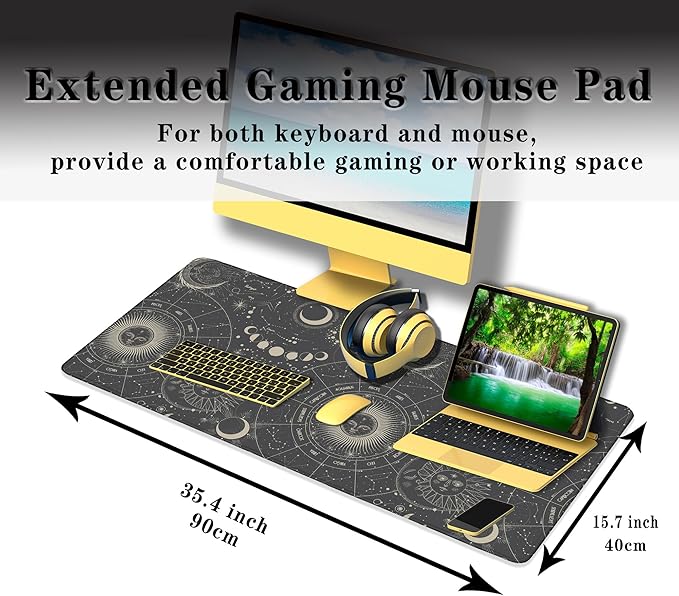 Big Mouse Pad Black Gaming Mousepad Computer Desk Accessories for Men Keyboard Mats Computer Pad Non-Slip Rubber Base 35.4 X 15.7 for Game Office, Vintage Engraved Witch Style