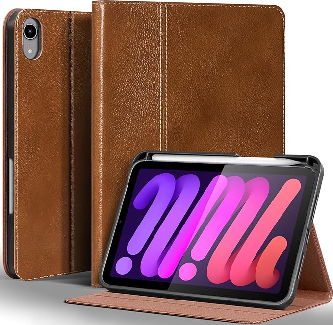 Gexmil Leather Case for iPad mini 7 (A17 Pro) 2024 / iPad mini 6 Generation 2021 8.3 Inch,Premium Cowhide Cover with Pencil Holder,Adjustable Stand, Auto Wake/Sleep,Yellow Brown