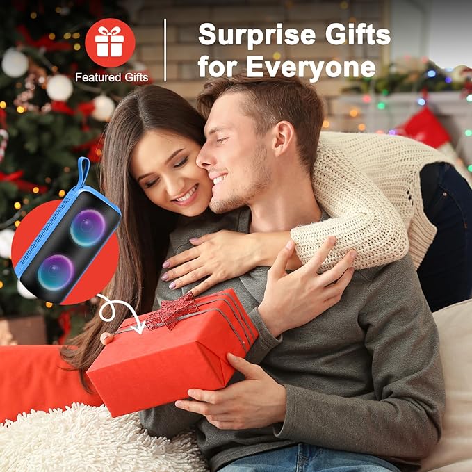 Bluetooth Speaker, 2026 NEW Portable Wireless Speaker, 24W Super Loud,TWS Pairing, Colorful RGB Lights, IPX7 Waterproof, 12H Playtime, HD Call for Outdoor/Home/Party/Beach, White Elephant Gift Blue