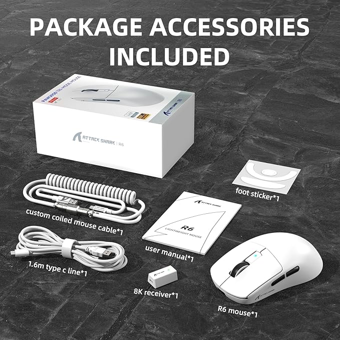 ATTACK SHARK R6 39g Superlight Wireless Gaming Mouse,PixArt PAW3950MAX 42000 DPI,MCU Nodic 52840 Computer Mouse,8K Polling Rate Web Driver,BT/2.4Ghz/Wired Tri-Mode Mice with Coiled Cable-White