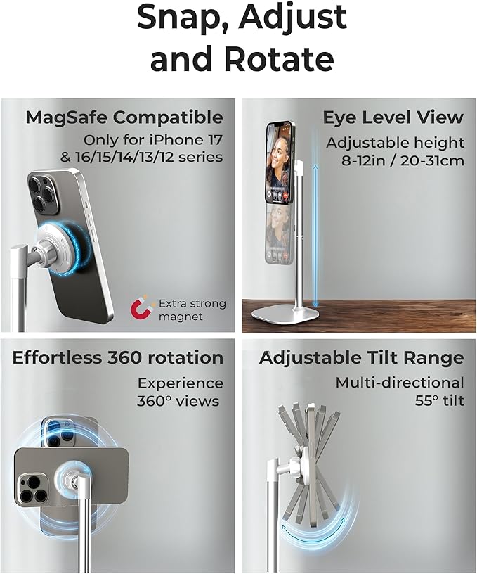 COOPER MagStand, Adjustable Magnetic iPhone Stand for Desk & Phone Holder for Video Recording, Compatible with MagSafe, Stand for iPhone 17 Pro Max, 16/15/14/13/12, Small Mag Safe Tripod (White)