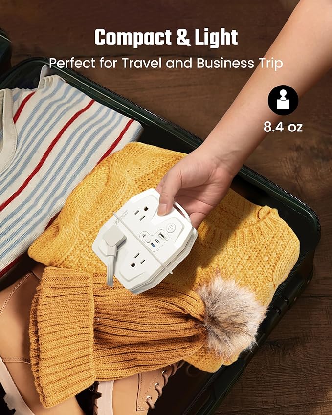 20W Travel Power Strip SUPERDANNY 3-Foot Wrap Up Extension Cord with 3 Outlets and 3 Fast Charging USBs, No Surge Protector Cruise Approved Portable Mini Travel Charger for Home Office Hotel, White