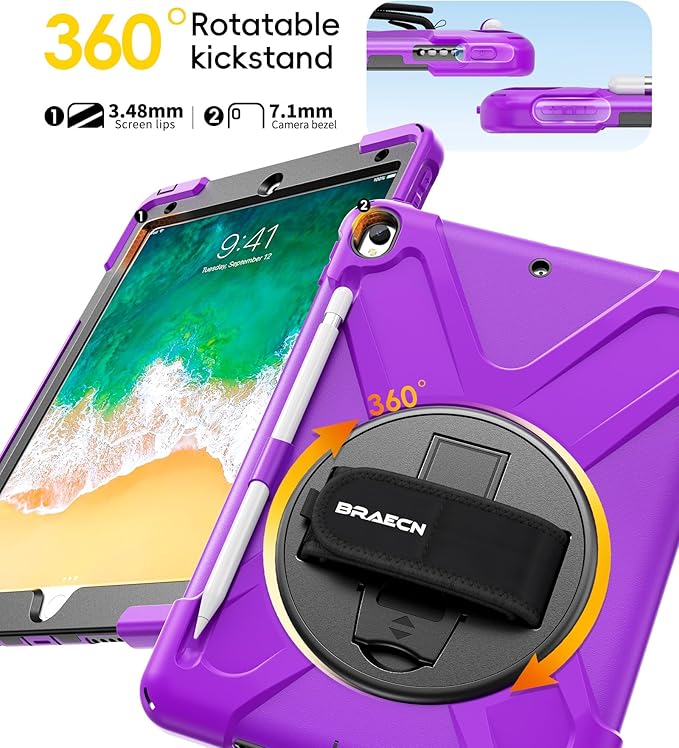 BRAECN Case for iPad Air 3rd Generation 2019 / iPad Pro 10.5 inch 2017, Rugged Heavy Duty Shockproof Cover with Pencil Holder, 360° Rotating Kickstand & Adjustable Hand Strap & Shoulder Strap for Kids