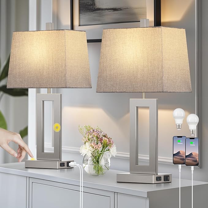Cinkeda Touch Control Table Lamp Set of 2, Modern Silver Bedside Lamps with USB C+A Ports & AC Outlet, 3 Way Dimmable Bedroom Lamps for Night Stands Bedroom Living Room,Nightstand Lamp