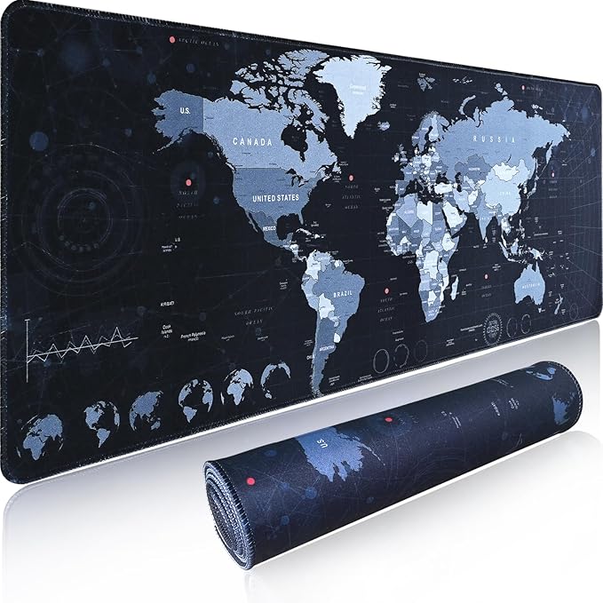 Gaming Mouse Pad XL XXL With World Map (31.5 x 11.8in) - Desk Mat, Large Keyboard Mat 3MM Anti Slip and Waterproof Rubber (Black)
