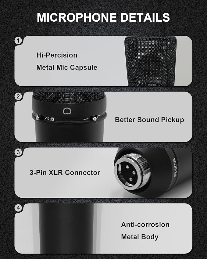 SUUNTOK XLR Microphone, Professional Condenser Microphone with 34mm Large Diaphragm, Cardioid Studio Recording Mic Computer Gaming PC TM87KB Mic Kit for Singing, Podcasting, YouTube (Black)