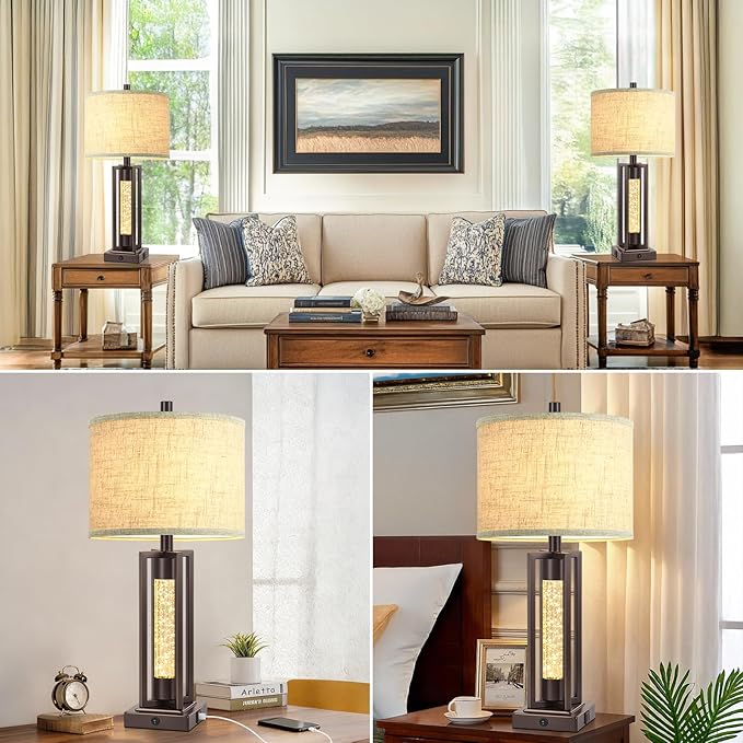 TOBUSA 26’’ Vintage Table Lamps for Living Room Set of 2, Farmhouse Lamps for Bedroom with 2 USB Ports and Crystal Night Light, Rustic Bedside Lamps with Linen Shade for Night Stands End Table, Brown