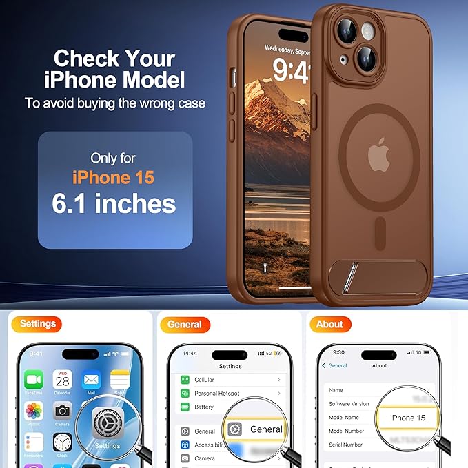 Magnetic Compatible with iPhone 15 Case, [Built-in Invisible Kickstand][Compatible with MagSafe][Full Camera Protection] Translucent Matte Phone Case for iPhone 15 6.1" Brown