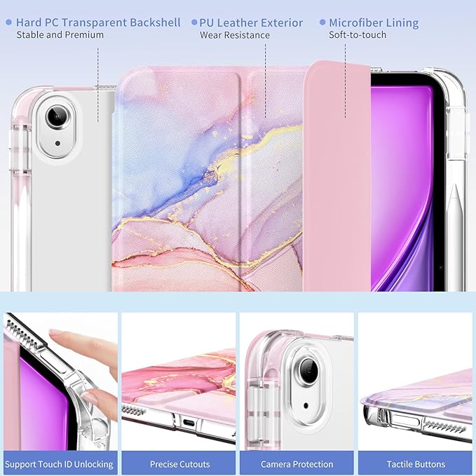 MoKo for iPad Air 11 inch Case (M4/M3/M2) 2026/2025/2024, iPad Air 5th/4th Gen 10.9 inch Case 2022/2020 with Pencil Holder, Slim Light Trifold Cover with Hard PC Translucent Back Shell, Pink Marble