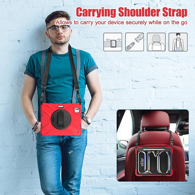 Batianda Case for New iPad Pro 11-inch 2025 M5 2024 M4 Chip Heavy Duty Rugged Durability Silicone Tablet Cover with 360° Rotating Hand Strap Foldable Hidden Stand & Shoulder Strap, Red