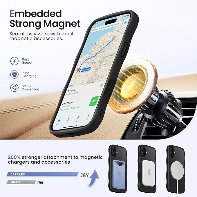 CAPRARO for iPhone 16 Plus Case with 360° Spin Magnetic Stand for Women, [Compatible with MagSafe] [Full Camera Protection] Cute Wave Translucent Matte Case for iPhone 16 Plus, Black