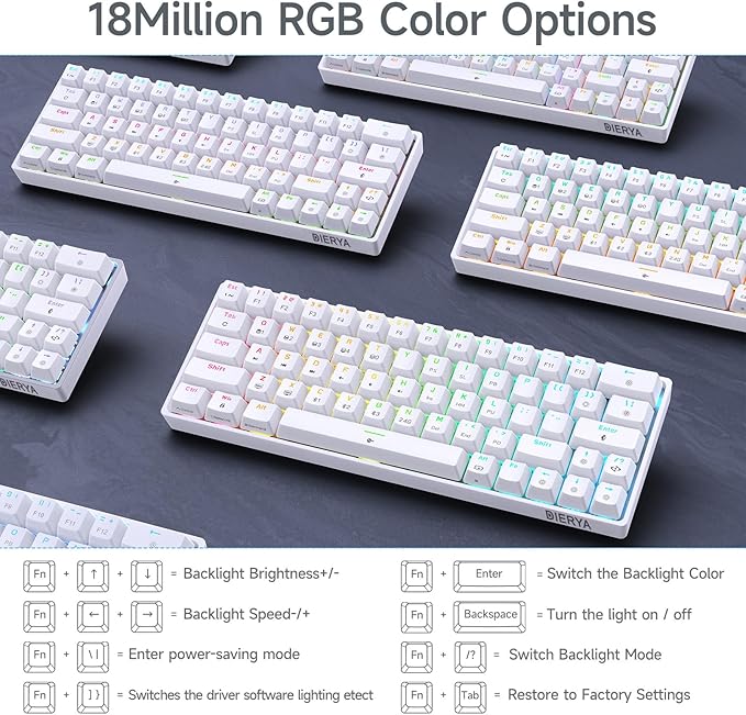 DIERYA DK63 60% Wireless Mechanical Gaming Keyboard | Bluetooth/2.4G/Wired Keyboard | RGB Backlit Compact 63 Keys Mini Office Keyboard | with Blue Switch | for Windows Laptop PC Gamer Typist-White
