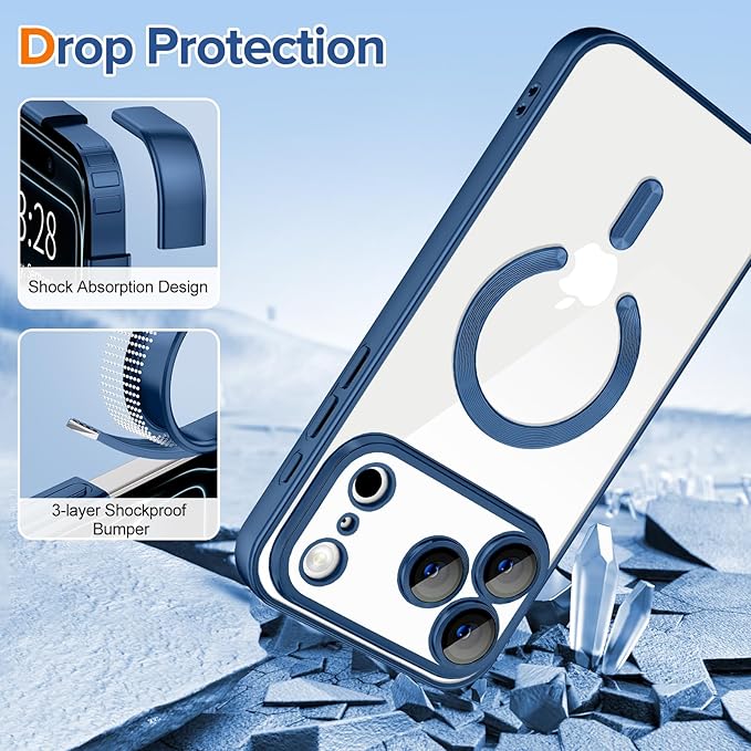 Hython Magnetic Clear for iPhone 17 Pro Case with Camera Lens Protector [Compatible with MagSafe] Luxury Plating Edge Slim Soft TPU Cover Protective Phone Case for iPhone 17 Pro 6.3", Matte Deep Blue