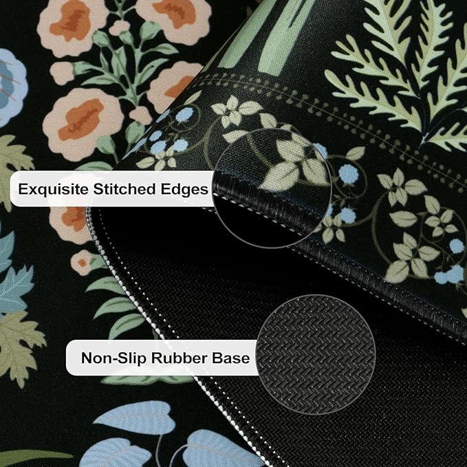 iCasso Floral Desk Pad Mat, Large Mouse Pad, Desk Matt for Desktop, Anti-Slip XXL Big Mousepad with Stitched Edges for Computer Keyboard (Black)