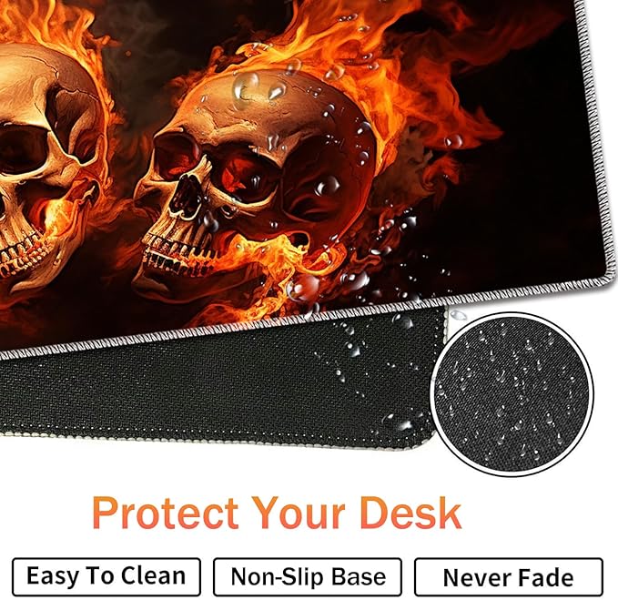 Extended Non-Slip Mouse Pad + Mouse Wrist Rest + Lace-Shaped Coaster Set, Ergonomic Design, Suitable for Desk and Home Gaming Table Mat, Fire Skulls