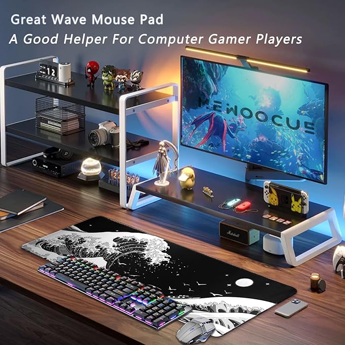 MEWOOCUE® Gaming Mouse Pad for Desk,Large Sea Wave Mousepad Laptop,Black White Japanese Anime Mouse Mat,Long XXL Waterproof Keyboard Pads,Big Non-Slip Mouse Pads for Game Office Home（35.4 x 15.7 in）