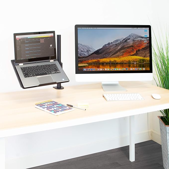Mount-It! Laptop Desk Mount with Pole, Height Adjustable Laptop Stand Mount for Desk with Vented Tray, Full Motion Laptop Arm for 11–17 Inch Laptops, 22 lb Capacity, Clamp or Grommet Base