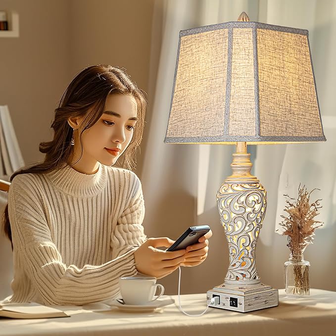 LuxSight Collection 28.5" Table Lamps Set of 2 - Bedside Lamp with Fabric Shades - for Bedroom and Living Room with USB and Nightlight - Perfect for Nightstands and Bedrooms