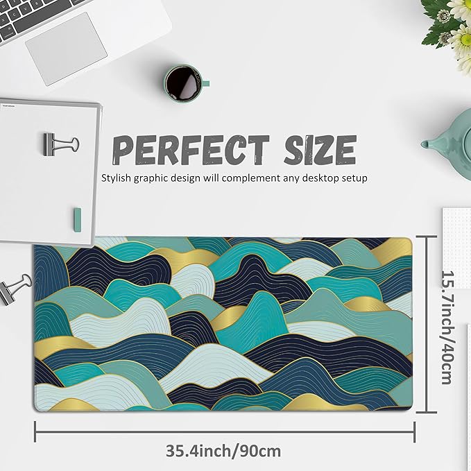 Large Mouse Pad Gold Line Wave Extended Gaming Mouse Pad Desk Mat Stitched Edges Mousepad Non-Slip Rubber Base Keyboard Pad for Laptop Computer PC 35.4 x 15.7 inches