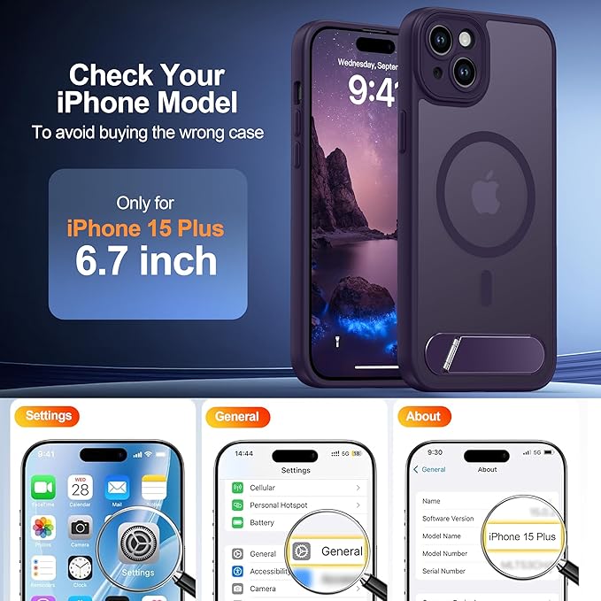 Magnetic Compatible with iPhone 15 Plus Case, [Built-in Kickstand][Full Camera Protection][Compatible with MagSafe][Anti-Fingerprint] Shockproof Phone Case for iPhone 15 Plus 6.7",Purple