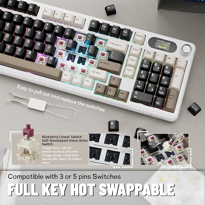 ATTACK SHARK X98PRO Wireless Mechanical Keyboard,Multi-Function Knob&TFT Screen,Tri-Mode BT/2.4GHz/USB-C Keyboard,Hot-Swappable RGB Backlit,4000mAh 98 Keys,Cloud Drive,for Win/Mac/Linux-Creamy White