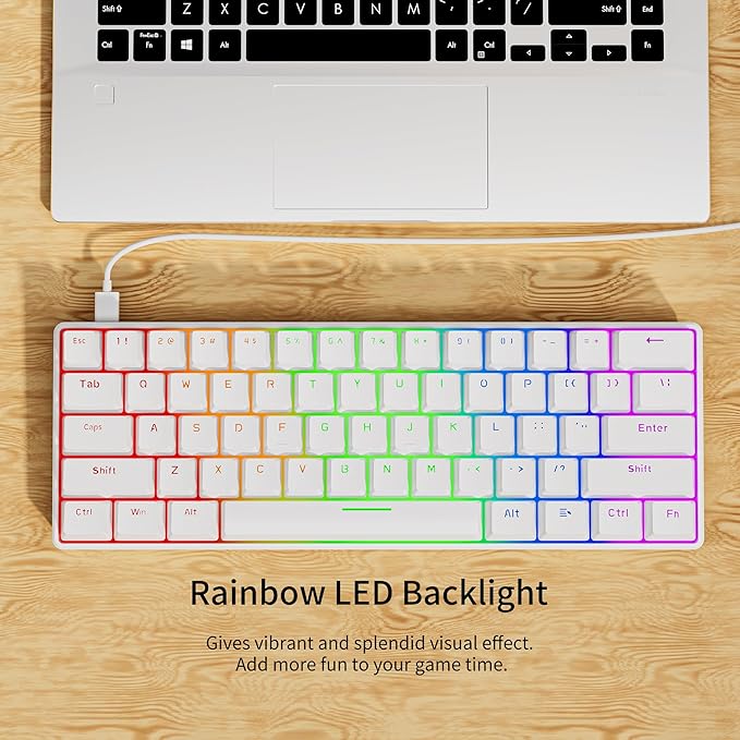 Newmen GM611 Mechanical Keyboard,Rainbow LED Backlit Gaming Wired Keyboards Compact Mini 61 Keys Portable 60 Percent Mechanical Keyboard with White Keycaps,for Windows Laptop PC Linear Red Switches